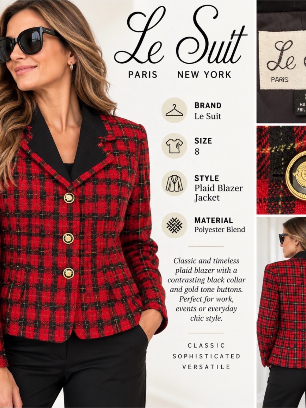 Le Suit Women's Red/Black Plaid Blazer Size 8 tartan 3-Button Lined